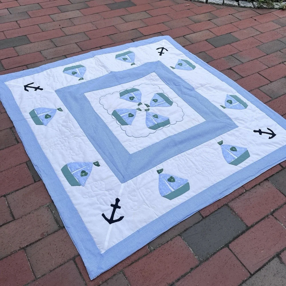 Handmade Sailboat Boys Crib Quilt, Green, White, Blue, One Of A Kind 40